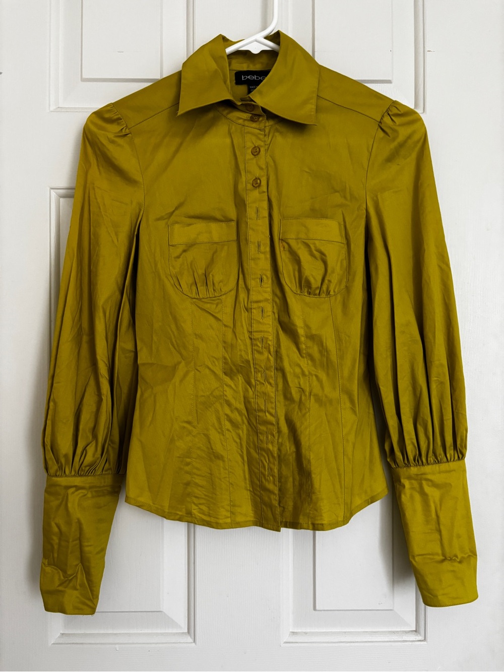 Bebe ChartreuseYellow/Mustard Green Puff-Sleeve Button Down Collared Shirt